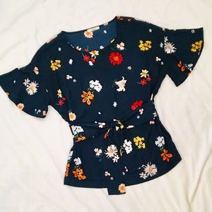 Pleione Navy Floral Print Blouse